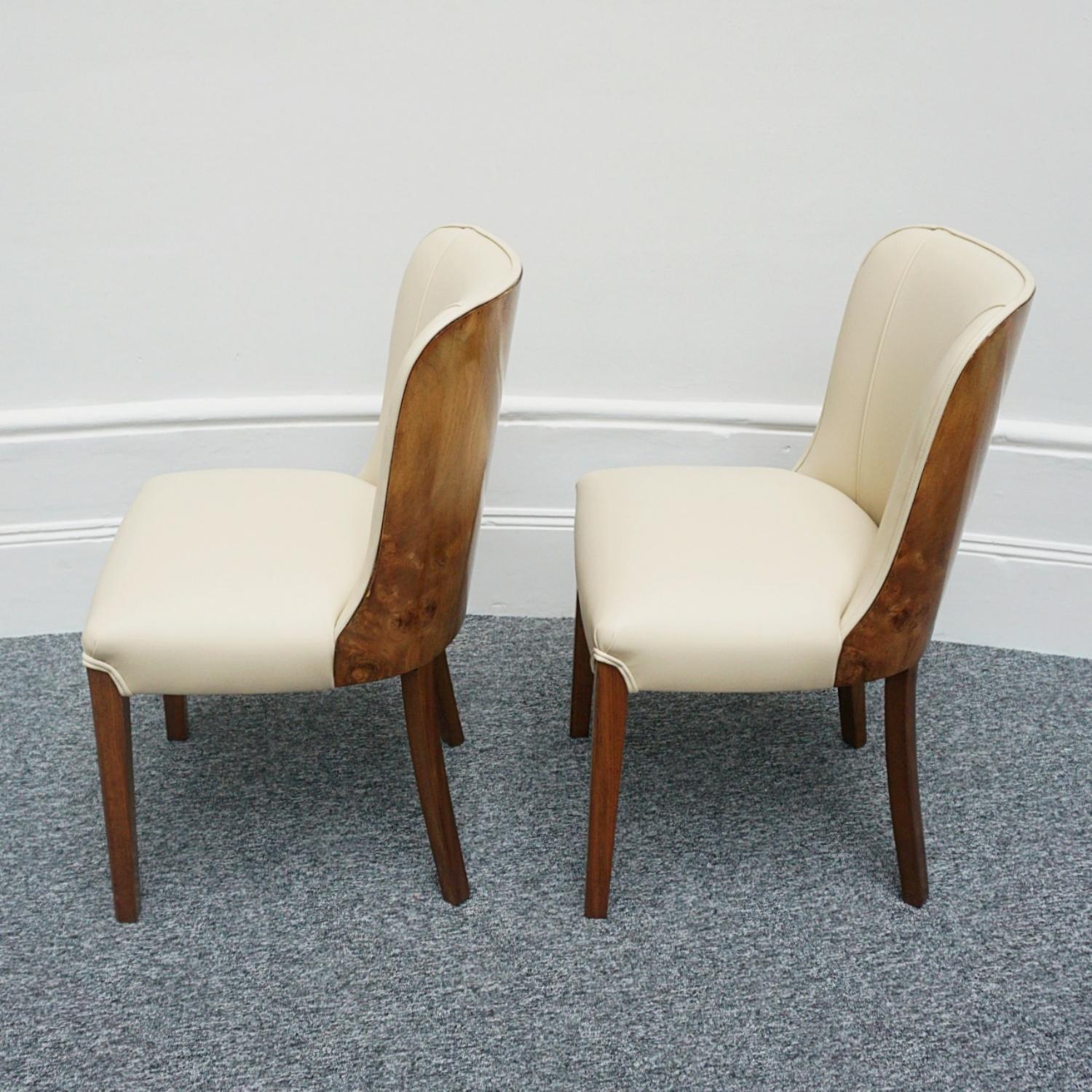 Pair of Art Deco Burr Walnut and Cream Leather Side Chairs circa 1930 3