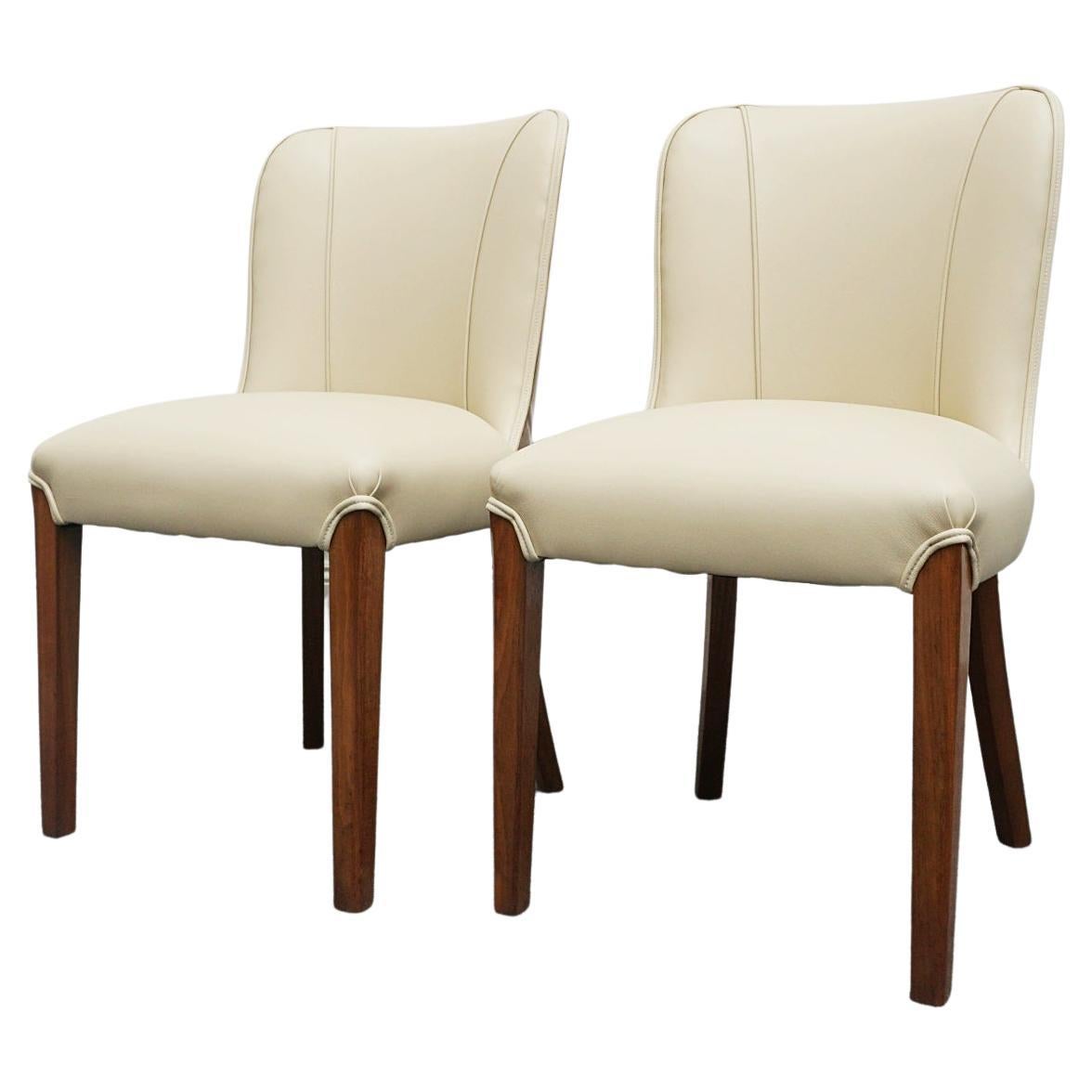 Pair of Art Deco Burr Walnut and Cream Leather Side Chairs circa 1930