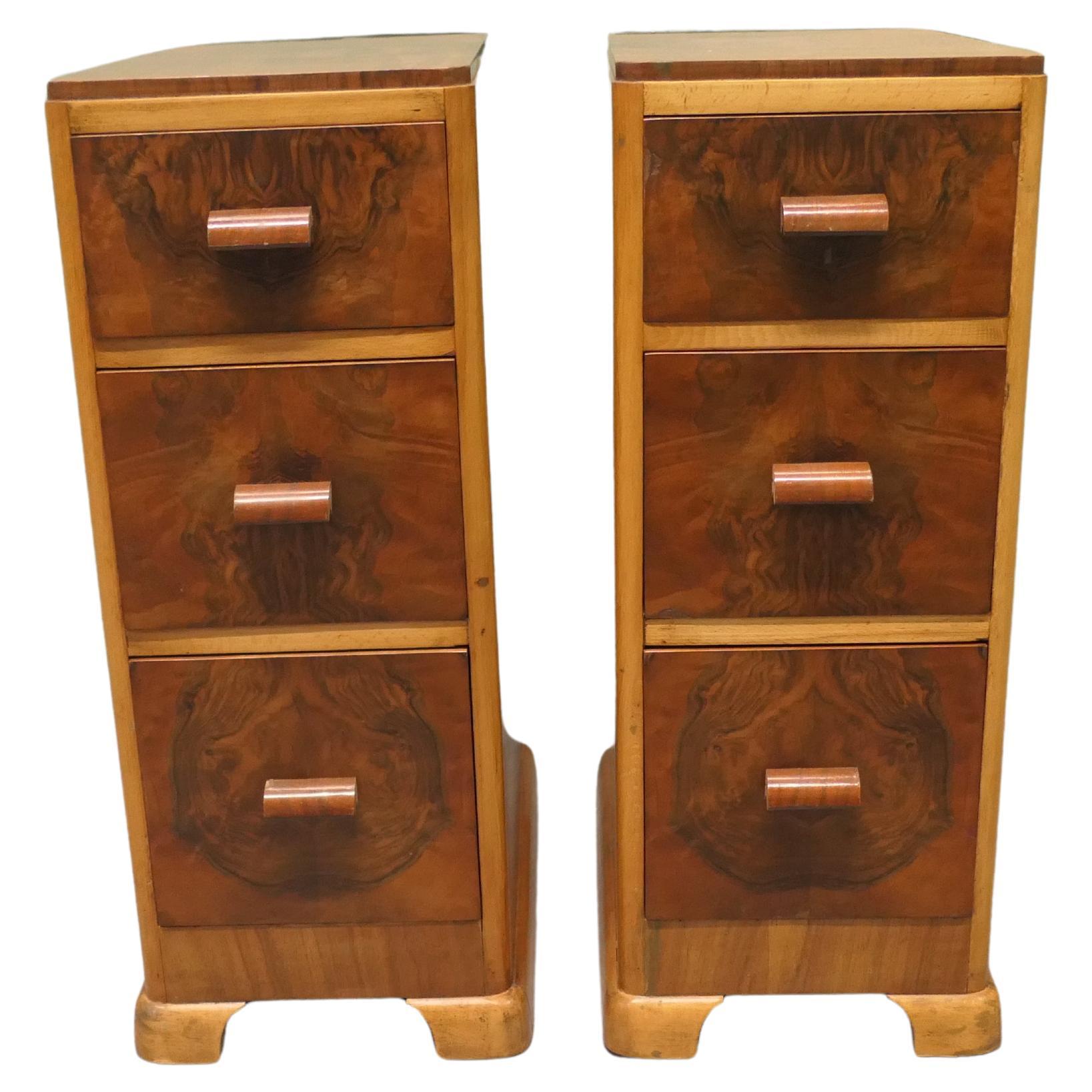 A Pair of Art Deco Burr Walnut Bedside Chest of Drawers For Sale