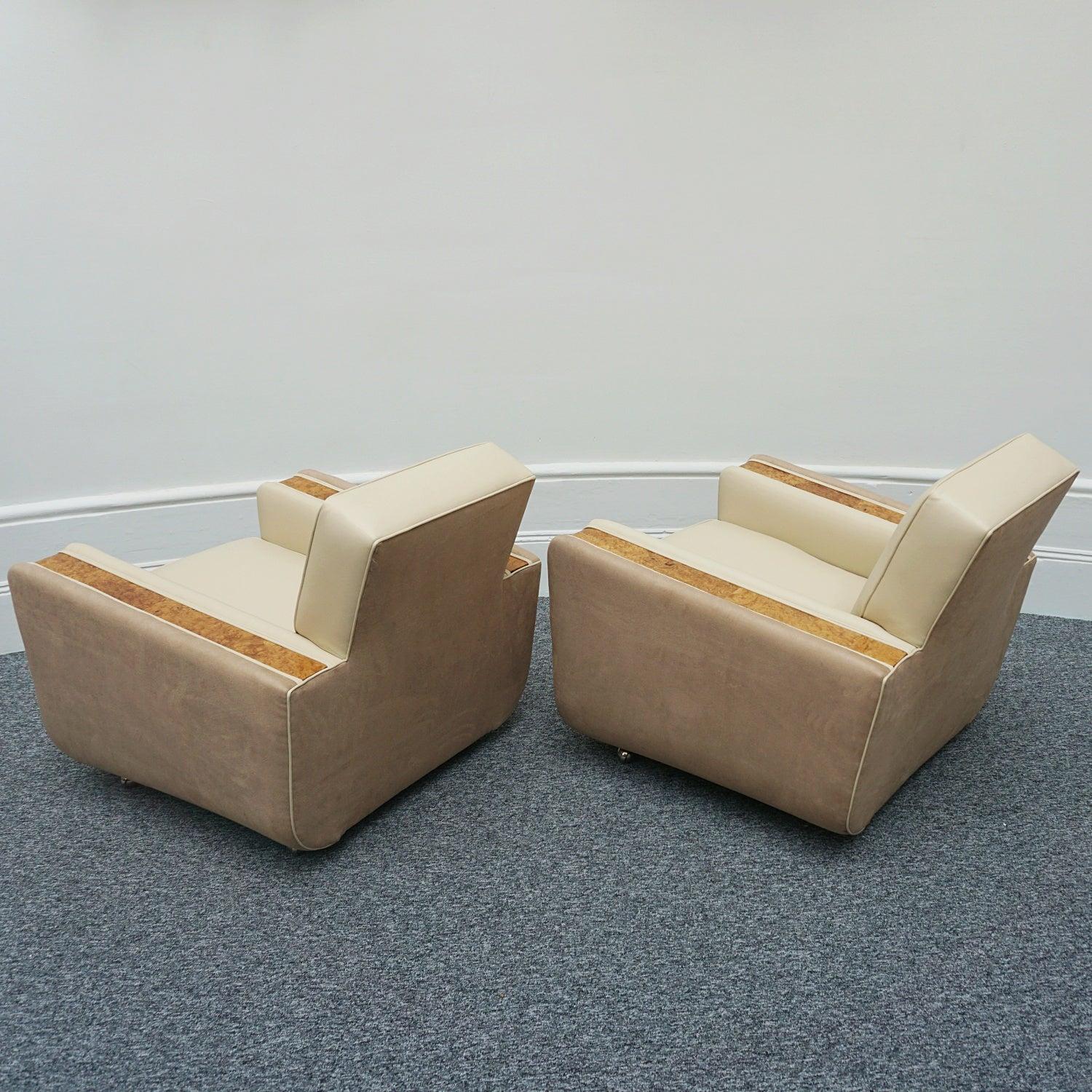 Pair of Art Deco Burr Walnut Veneered Tank Chairs in Cream Leather 5
