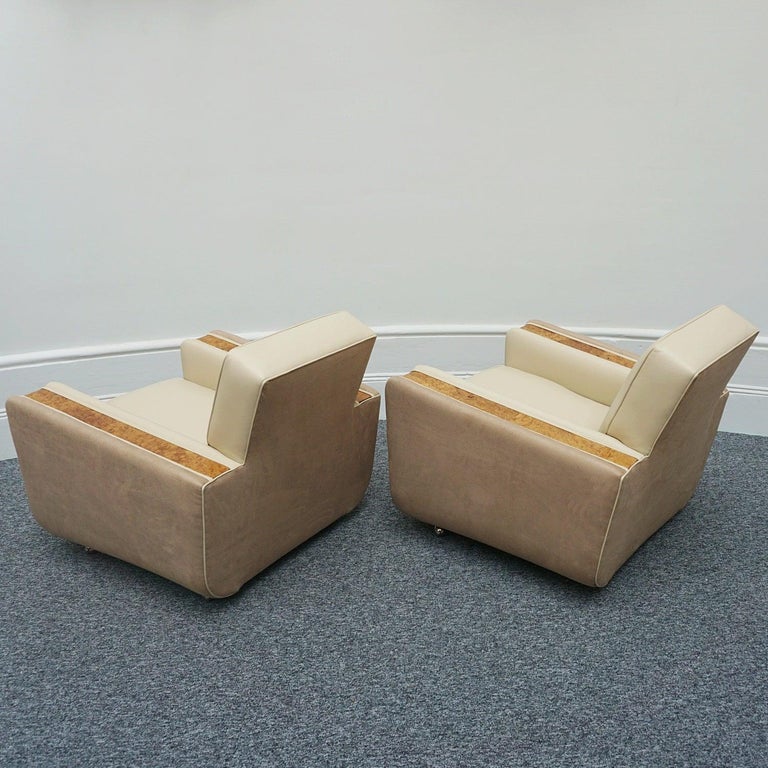 Pair of Art Deco Burr Walnut Veneered Tank Chairs in Cream Leather  5