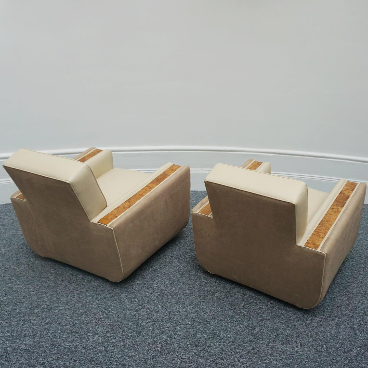 Pair of Art Deco Burr Walnut Veneered Tank Chairs in Cream Leather 7