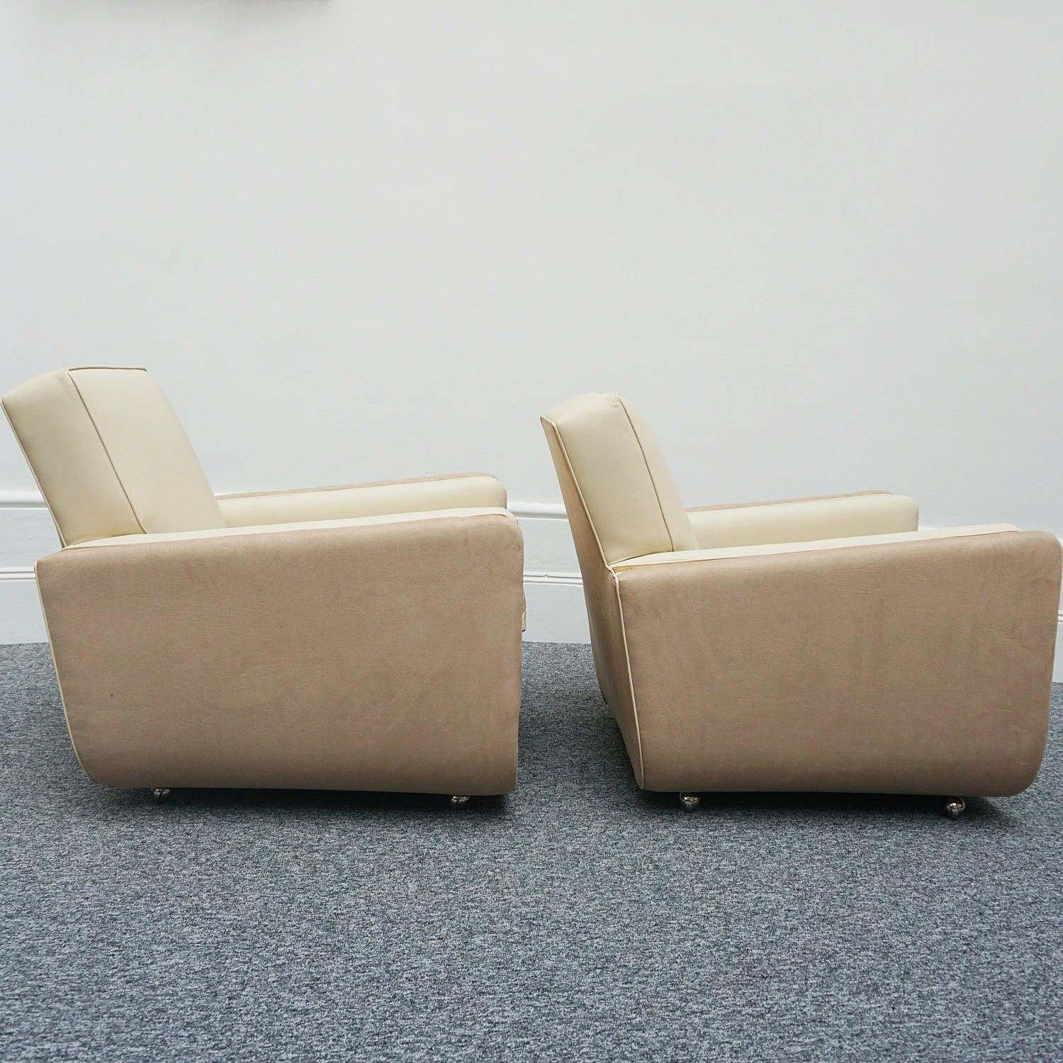 Pair of Art Deco Burr Walnut Veneered Tank Chairs in Cream Leather 8