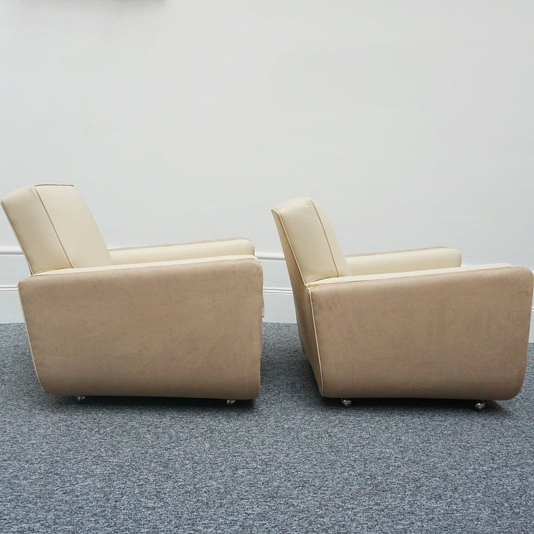 Pair of Art Deco Burr Walnut Veneered Tank Chairs in Cream Leather  8