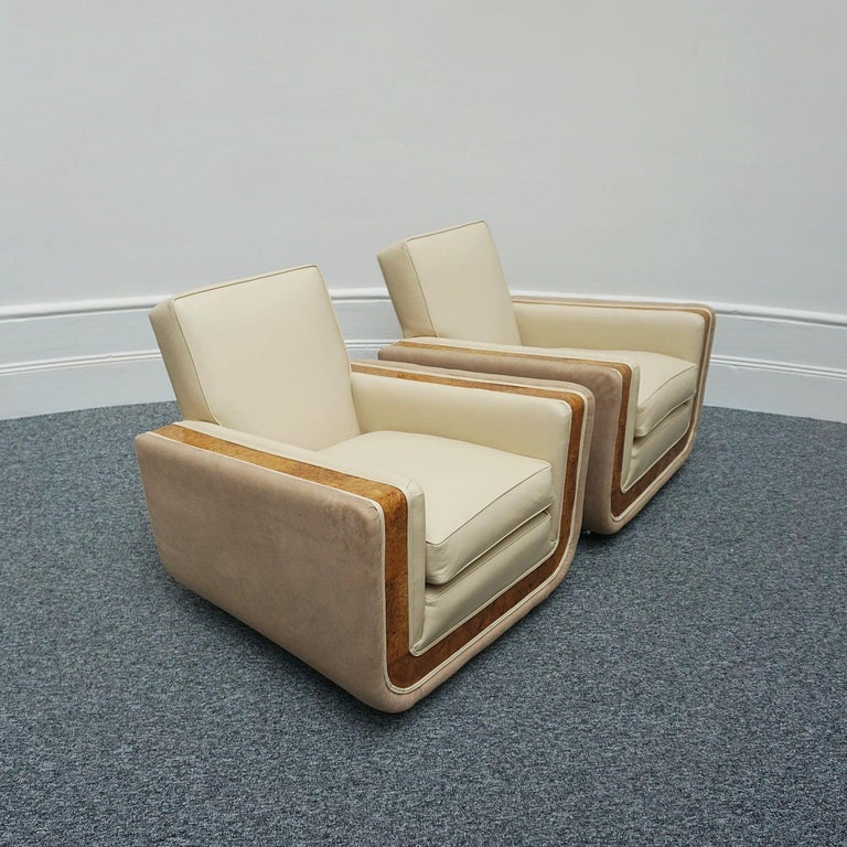 Pair of Art Deco Burr Walnut Veneered Tank Chairs in Cream Leather  9