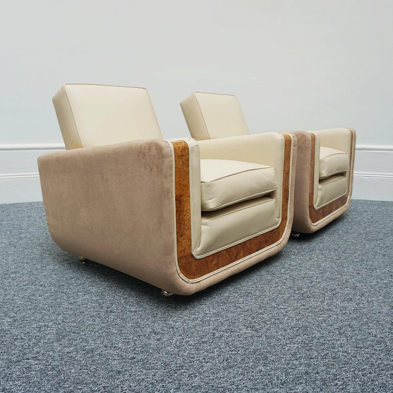 Pair of Art Deco Burr Walnut Veneered Tank Chairs in Cream Leather 10