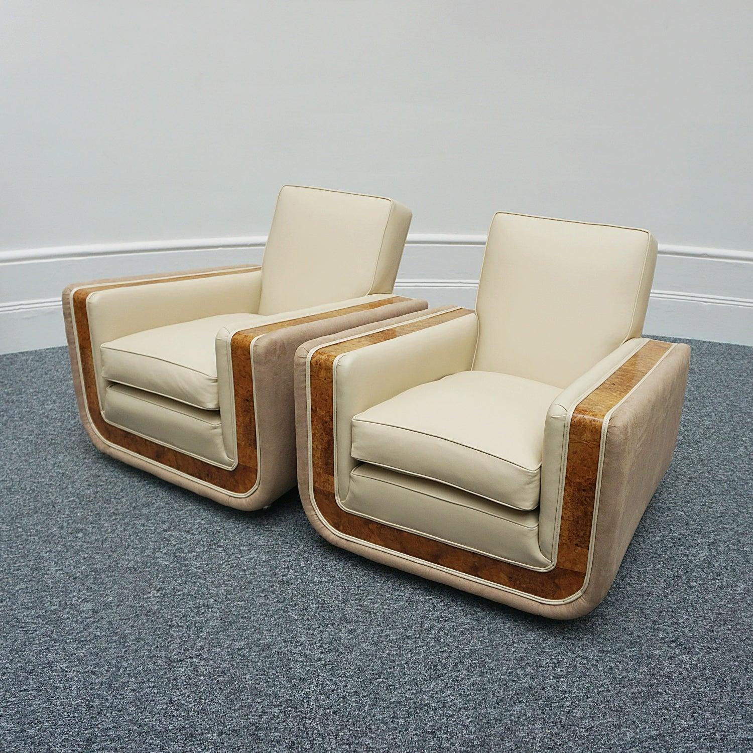 Pair of Art Deco Burr Walnut Veneered Tank Chairs in Cream Leather 11