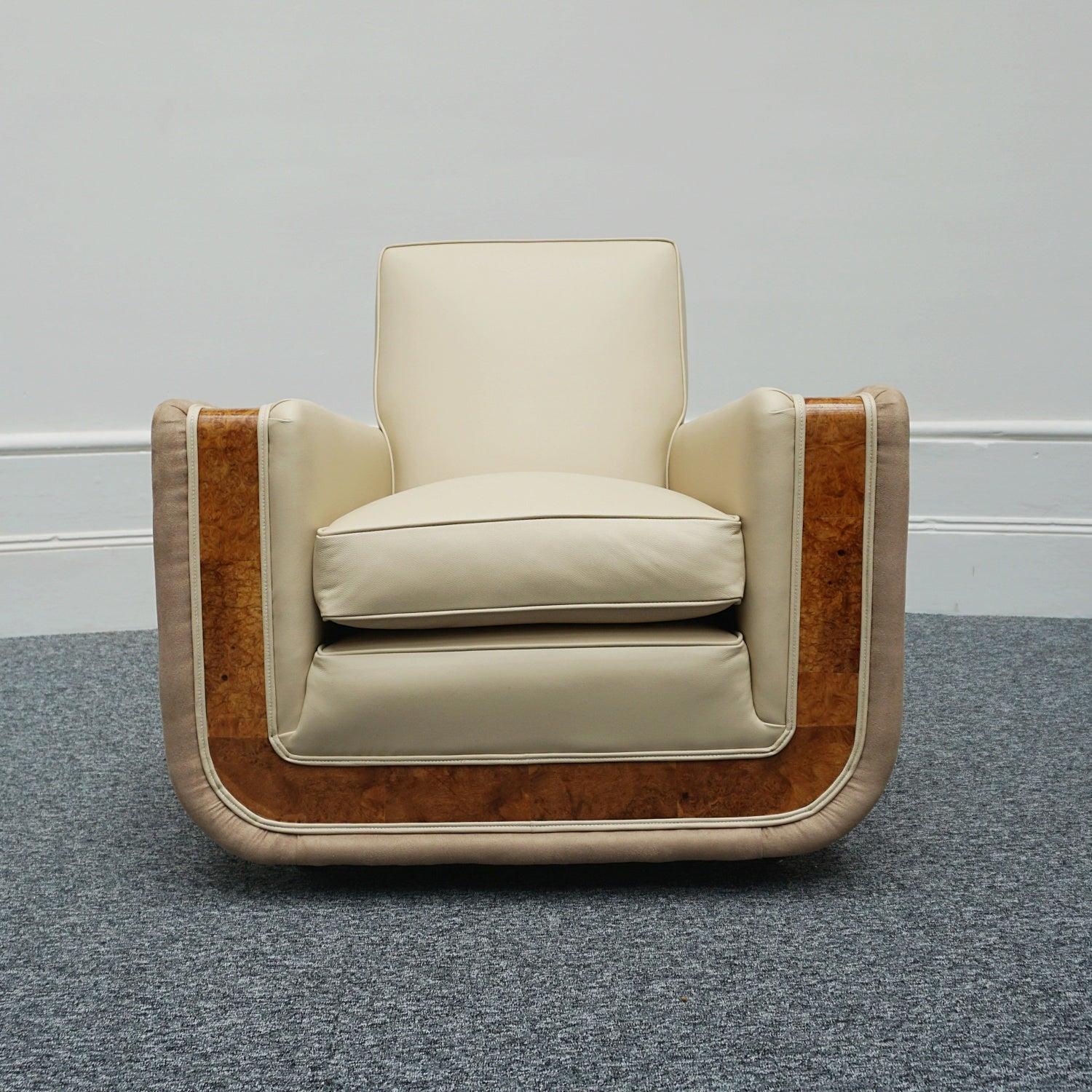 Pair of Art Deco Burr Walnut Veneered Tank Chairs in Cream Leather 12