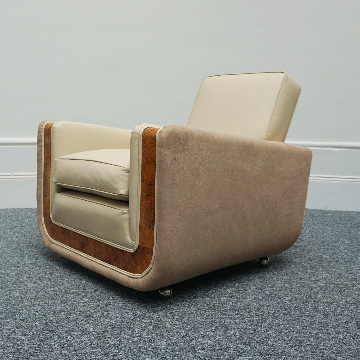 Pair of Art Deco Burr Walnut Veneered Tank Chairs in Cream Leather 13