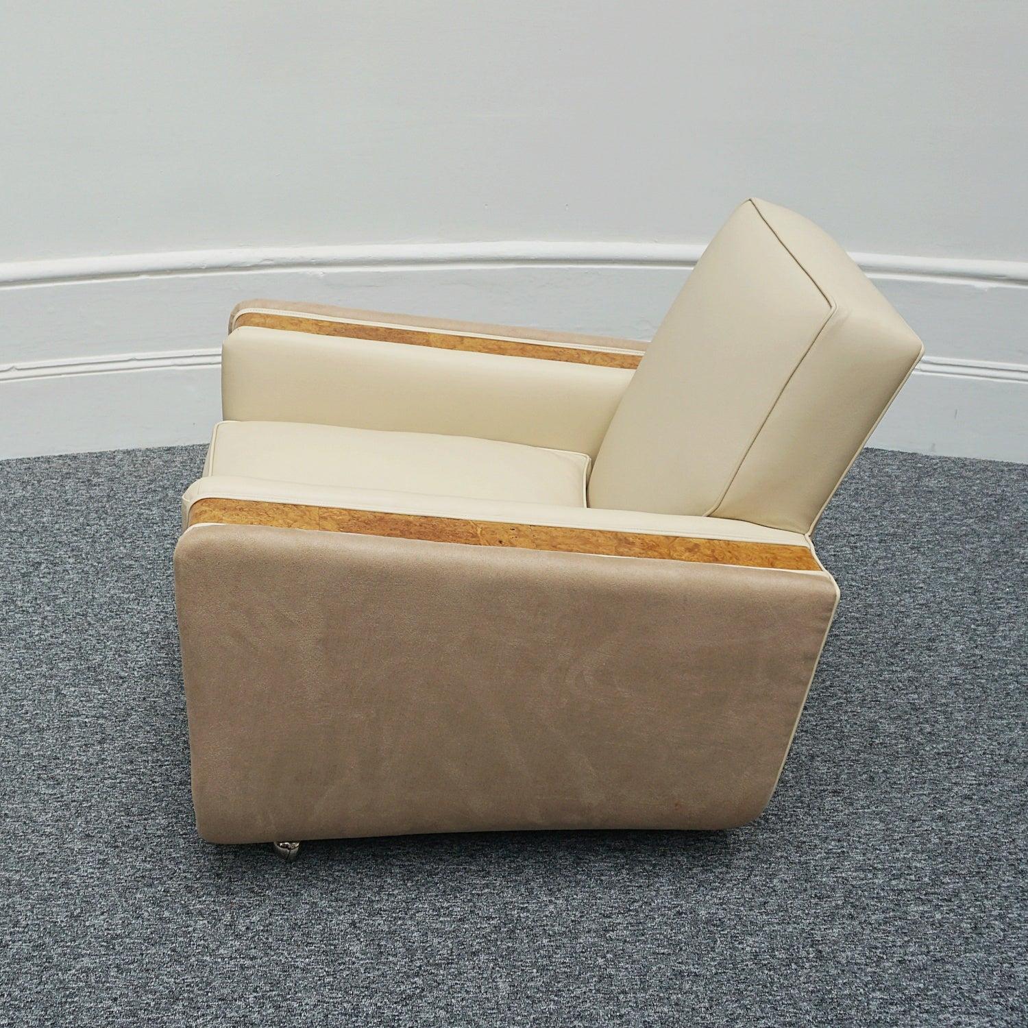 Pair of Art Deco Burr Walnut Veneered Tank Chairs in Cream Leather 14