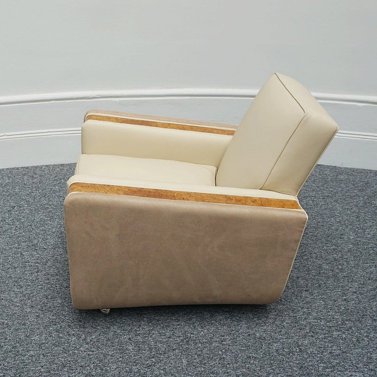 Pair of Art Deco Burr Walnut Veneered Tank Chairs in Cream Leather  14