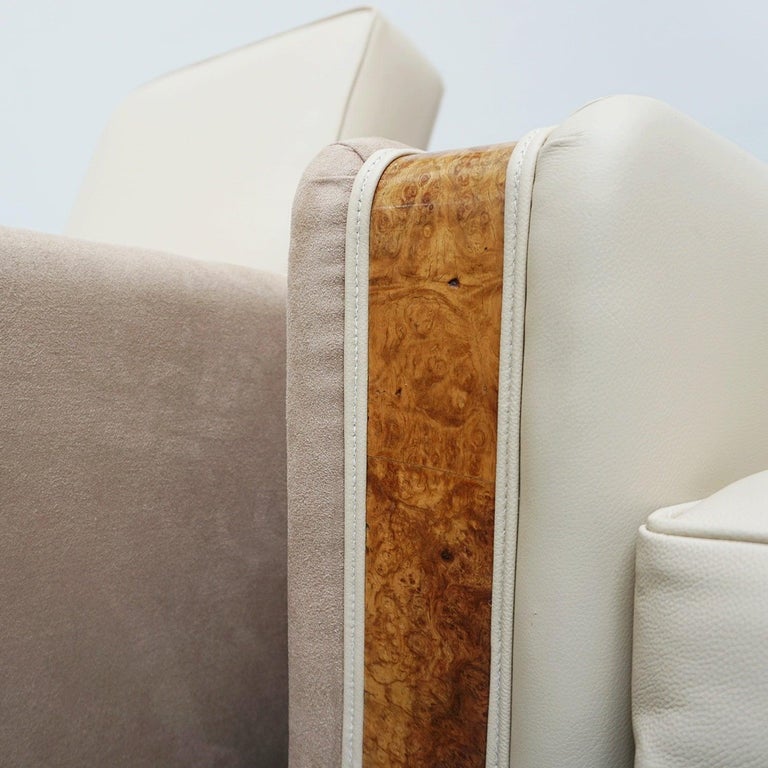 English Pair of Art Deco Burr Walnut Veneered Tank Chairs in Cream Leather 