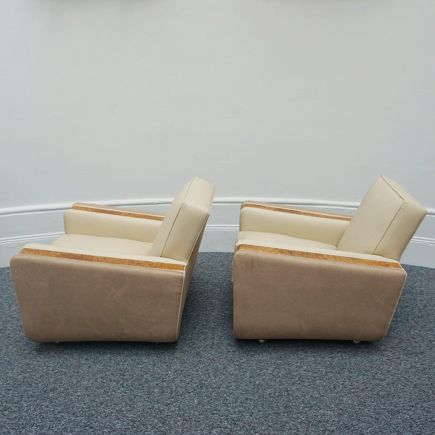 Pair of Art Deco Burr Walnut Veneered Tank Chairs in Cream Leather In Good Condition In Forest Row, East Sussex