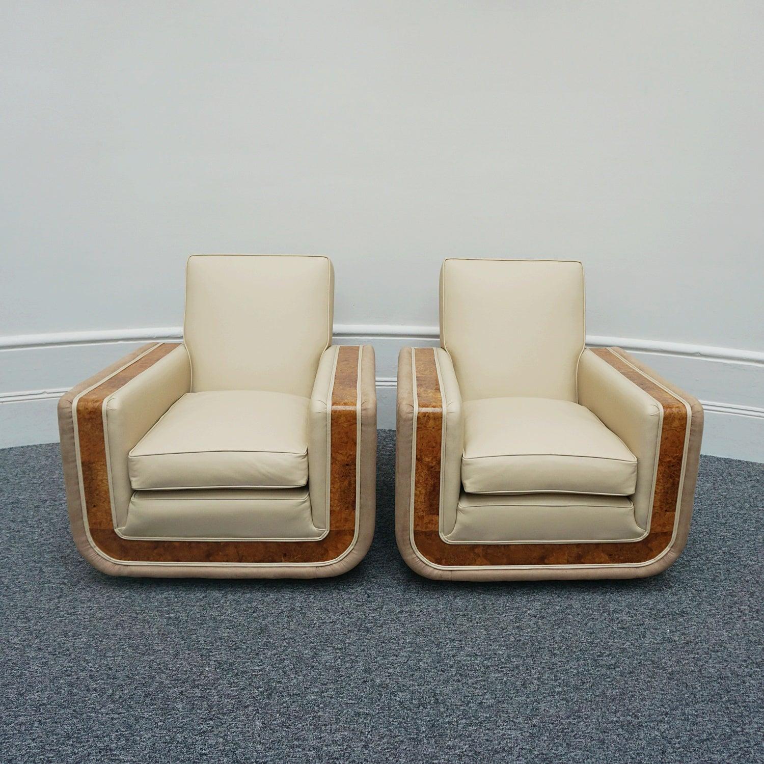 Mid-20th Century Pair of Art Deco Burr Walnut Veneered Tank Chairs in Cream Leather