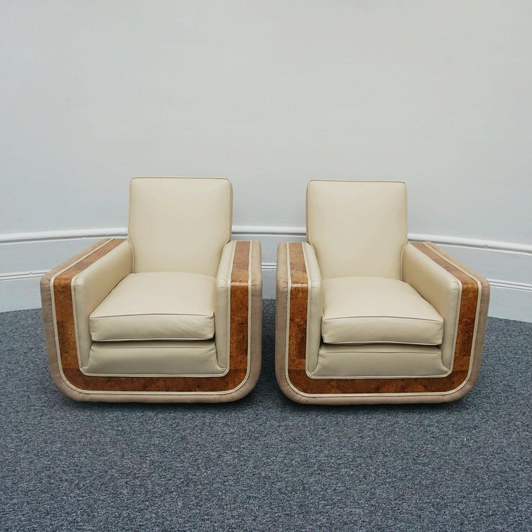 Mid-20th Century Pair of Art Deco Burr Walnut Veneered Tank Chairs in Cream Leather 