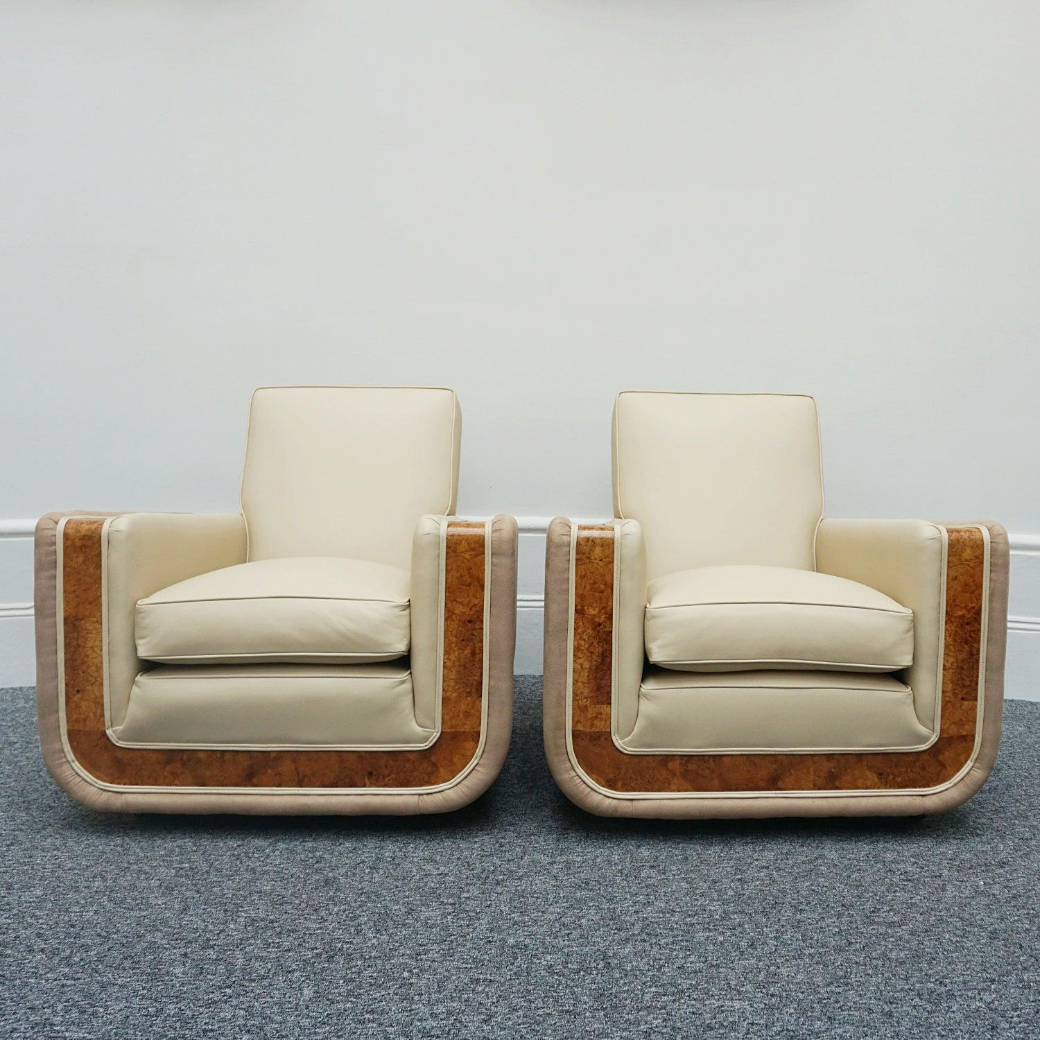 Pair of Art Deco Burr Walnut Veneered Tank Chairs in Cream Leather 1