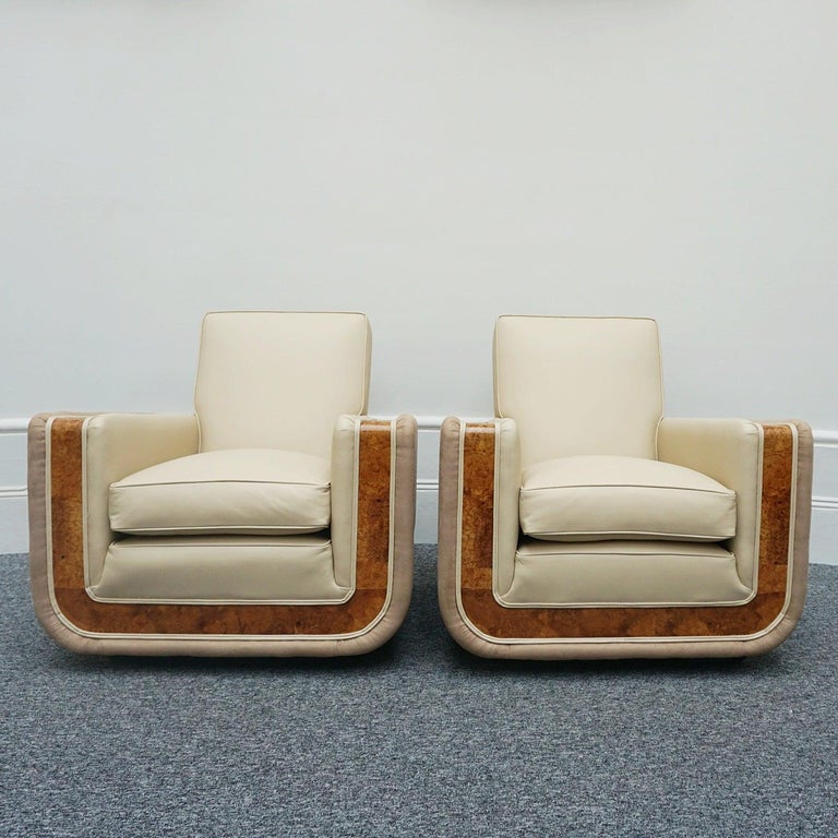 Pair of Art Deco Burr Walnut Veneered Tank Chairs in Cream Leather  1