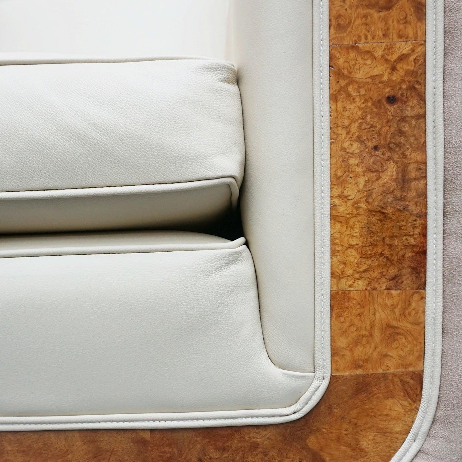 Pair of Art Deco Burr Walnut Veneered Tank Chairs in Cream Leather 2