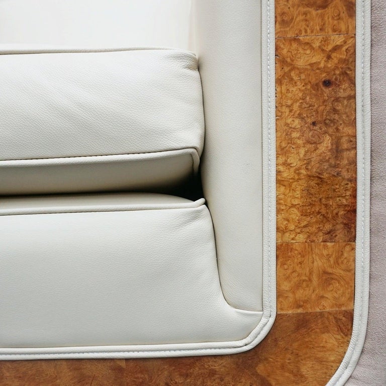 Pair of Art Deco Burr Walnut Veneered Tank Chairs in Cream Leather  2
