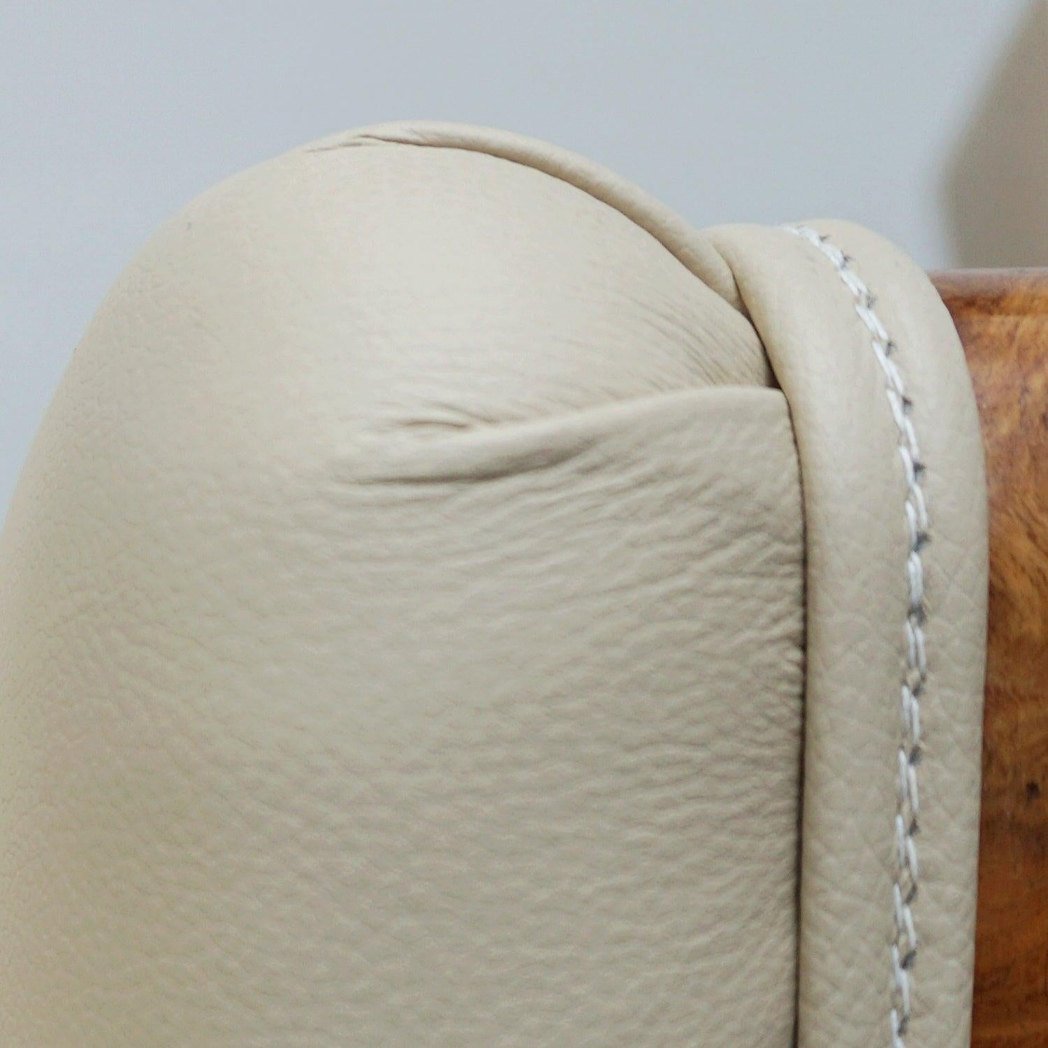 Pair of Art Deco Burr Walnut Veneered Tank Chairs in Cream Leather 3