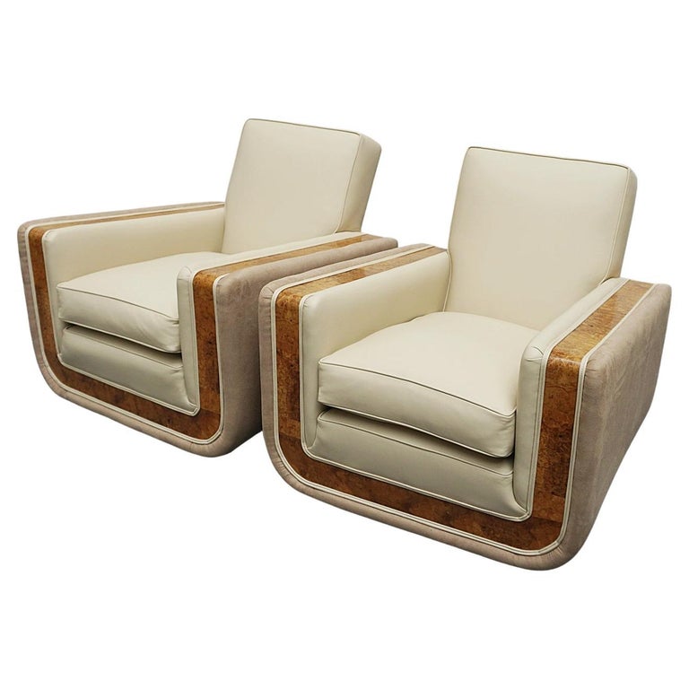 Pair of Art Deco Burr Walnut Veneered Tank Chairs in Cream Leather 