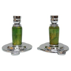 A Pair of Art Deco Chromed Bakelite Candlesticks 