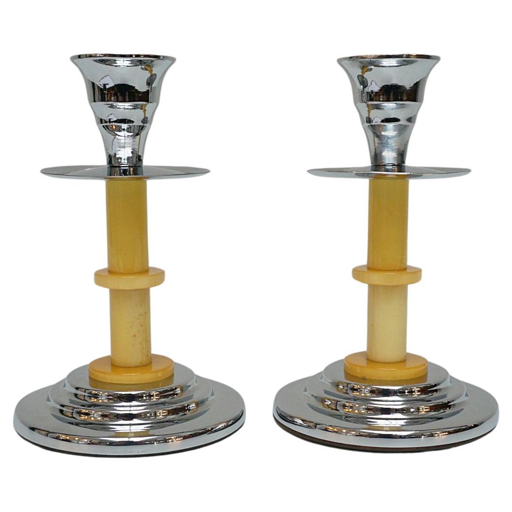 A Pair of Art Deco Chromed Bakelite Candlesticks 