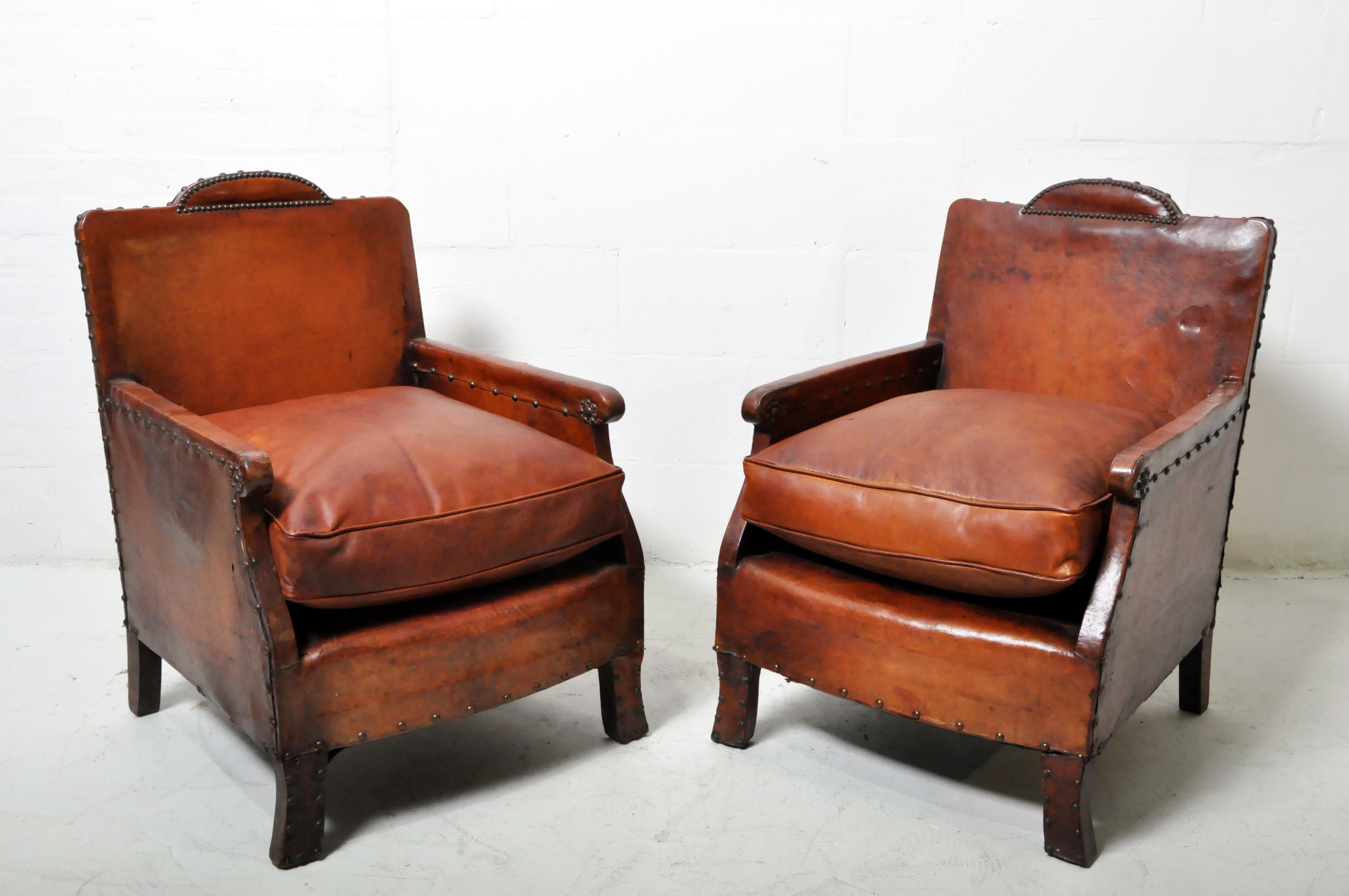 French Pair of Art Deco Club Chairs with New Leather Seats For Sale
