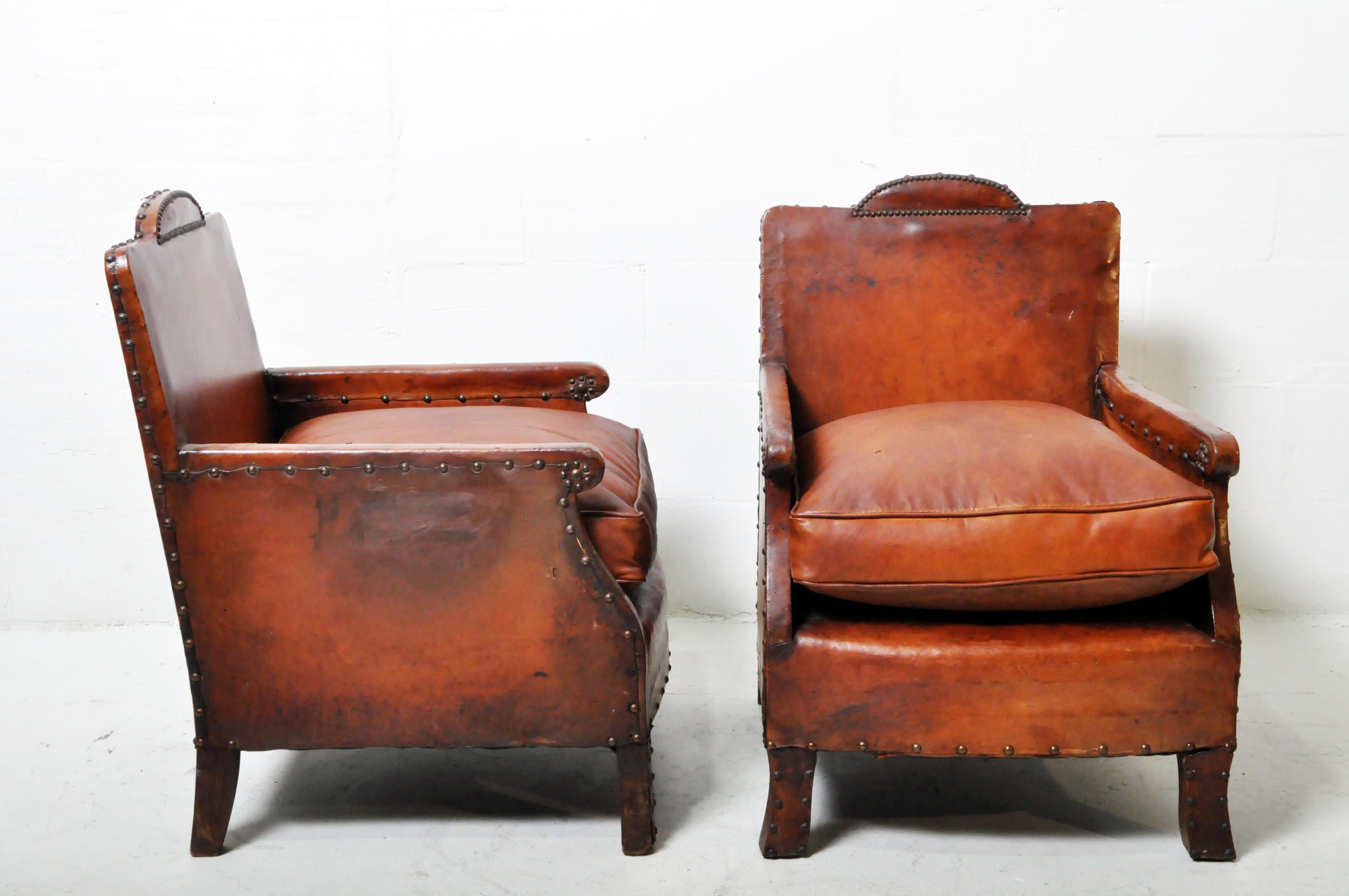 Pair of Art Deco Club Chairs with New Leather Seats In Good Condition For Sale In Chicago, IL