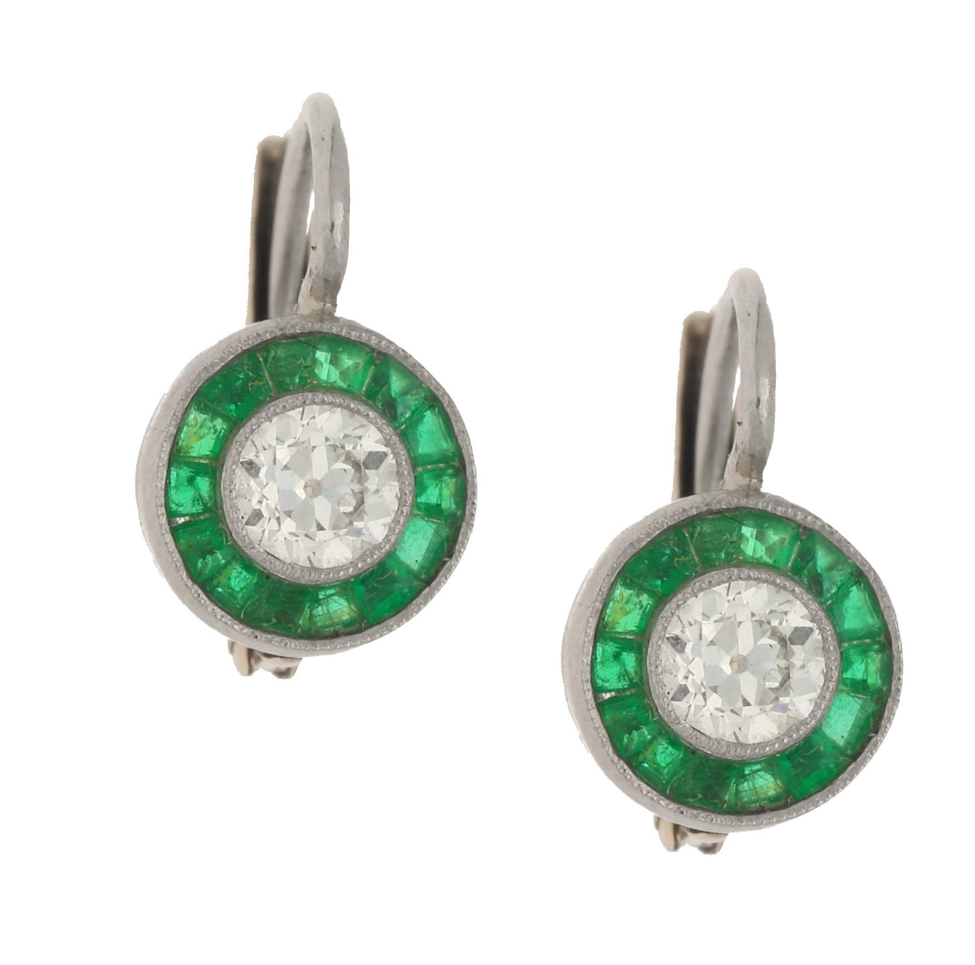 Pair of Art Deco Style Diamond and Emerald Target Earrings