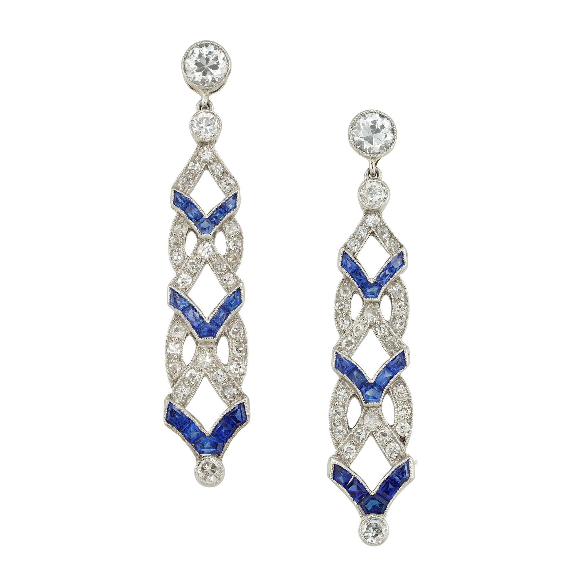 A pair of Art Deco diamond and synthetic sapphire earrings In Good Condition For Sale In London, GB