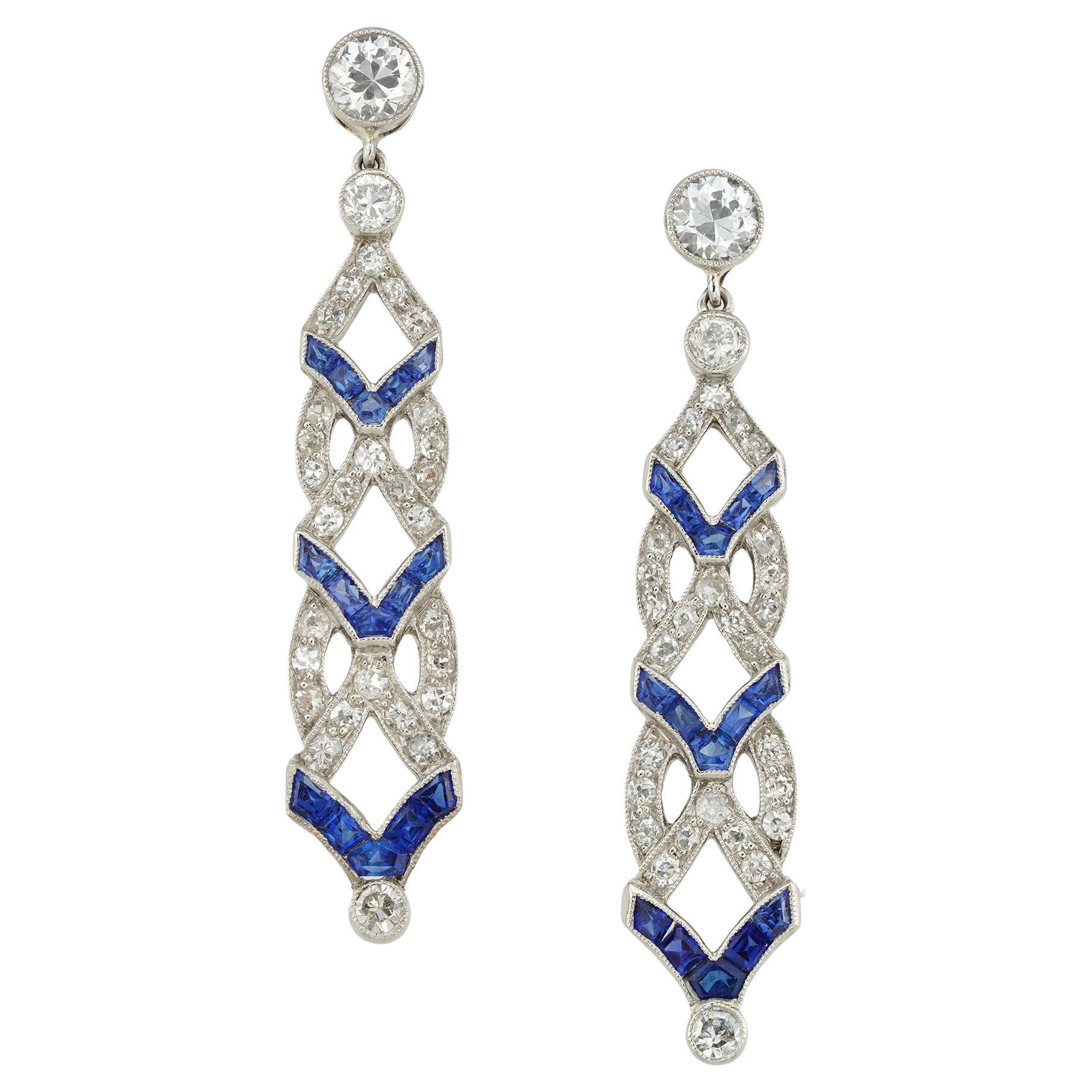 A pair of Art Deco diamond and synthetic sapphire earrings