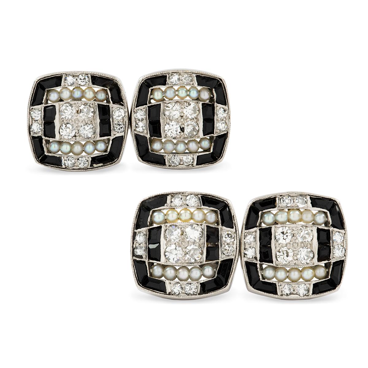 Manschettenknöpfe aus Diamanten, Perlen und Onyx im Art déco-Stil, Paar (Brillantschliff) im Angebot