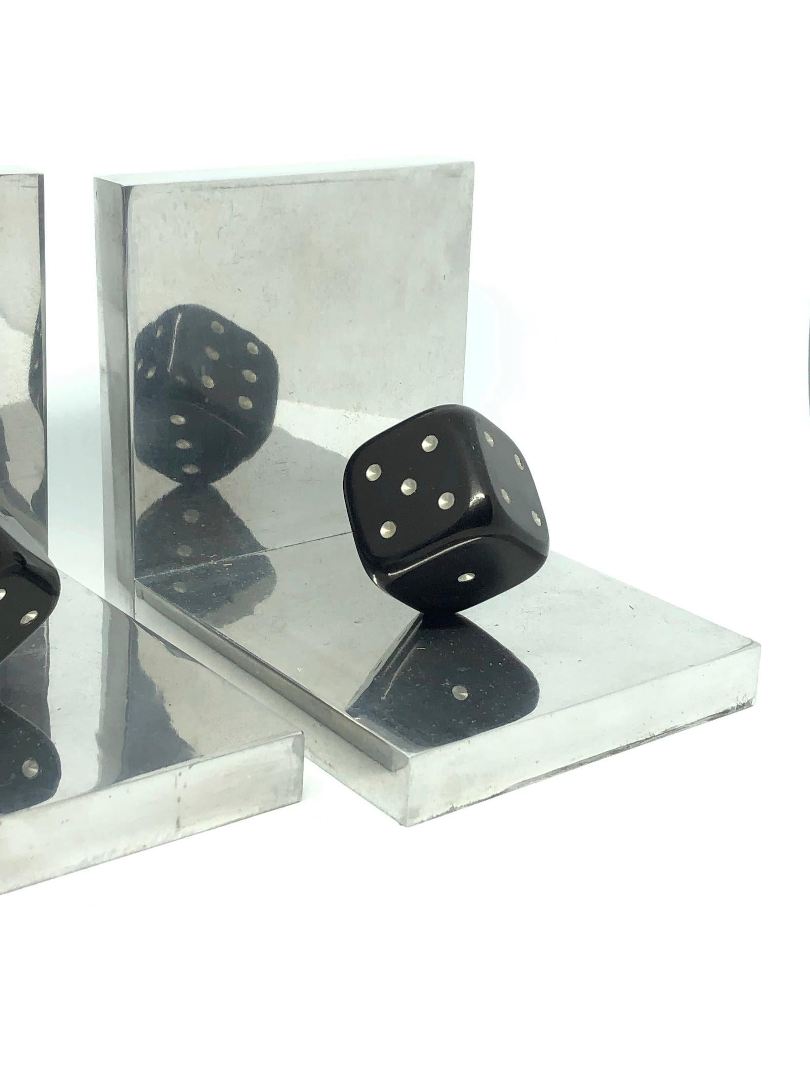Mid-Century Modern Pair of Art Deco Dice Bookends Black and Chrome Vintage German