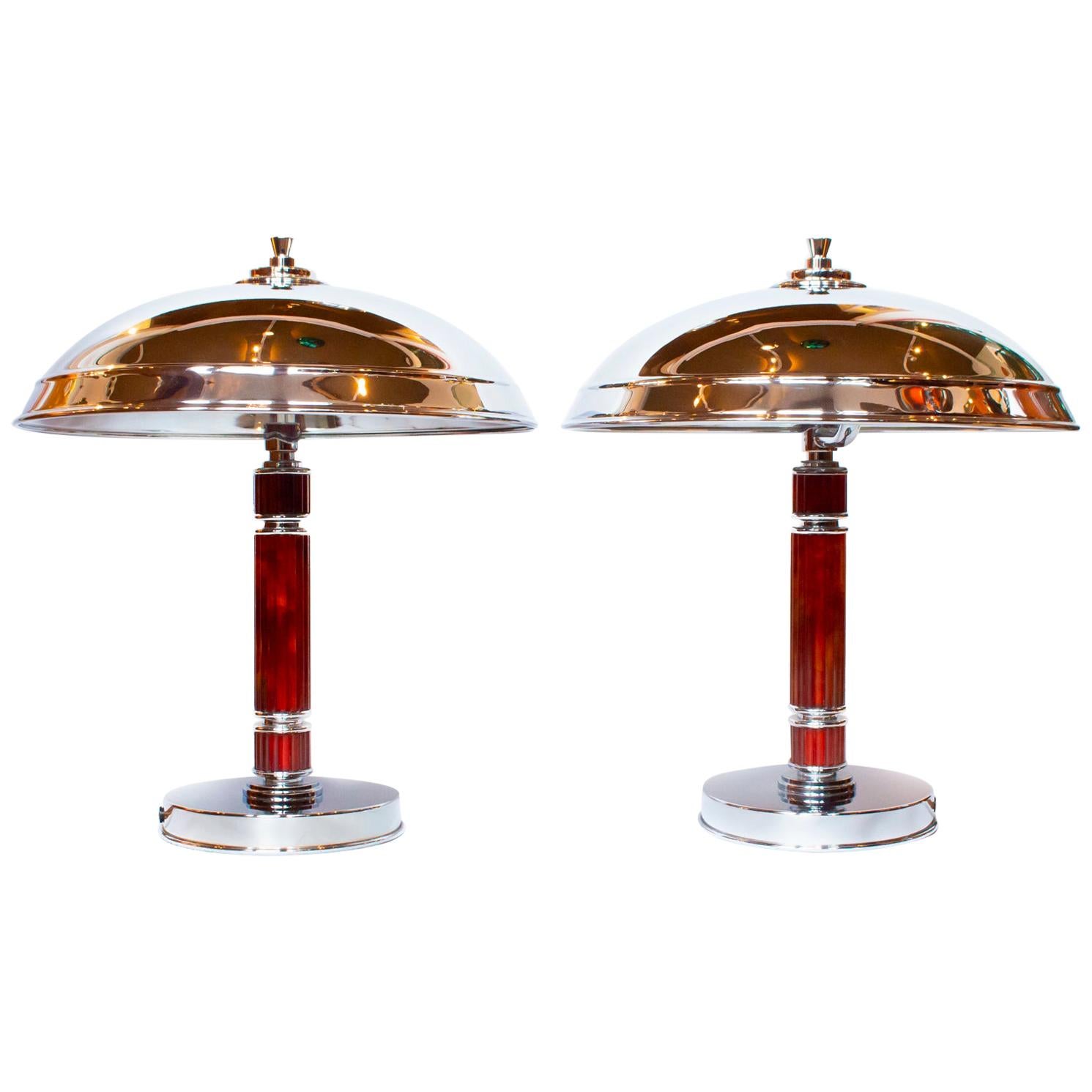 Pair of Art Deco Dome Lamps with Chrome Domed Shades with Amber Bakelite Stem