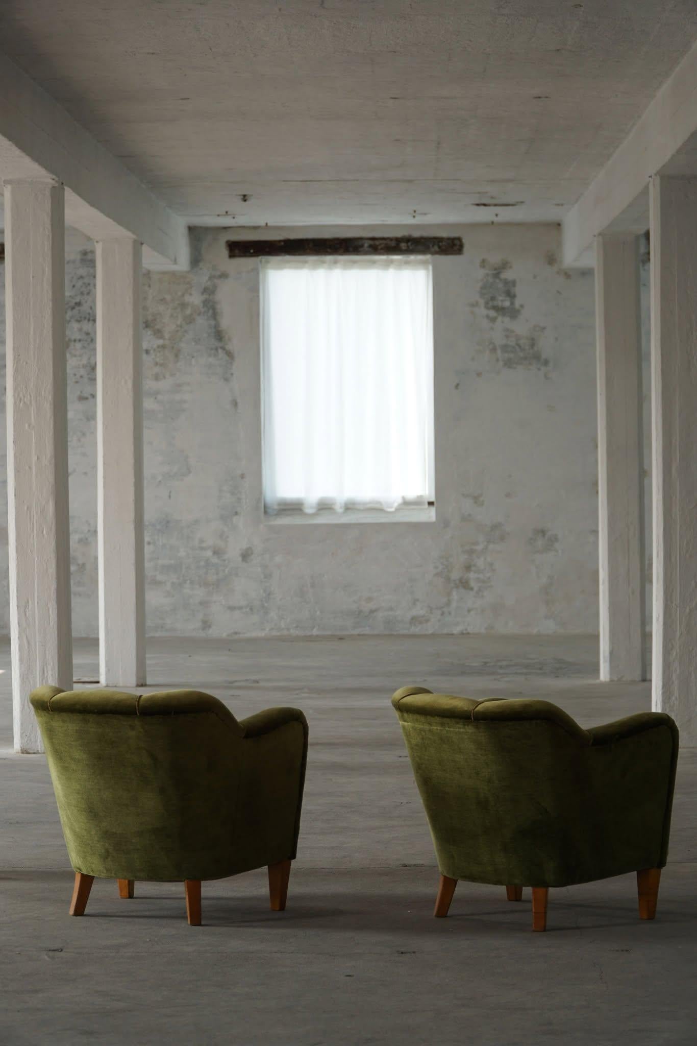 Scandinavian Modern A Pair of Art Deco Easy Chairs in Green Velour, Swedish Cabinetmaker, 1940s For Sale