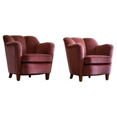 A Pair of Art Deco Easy Chairs in Rosa Velour, Swedish Carbinetmaker, 1940s