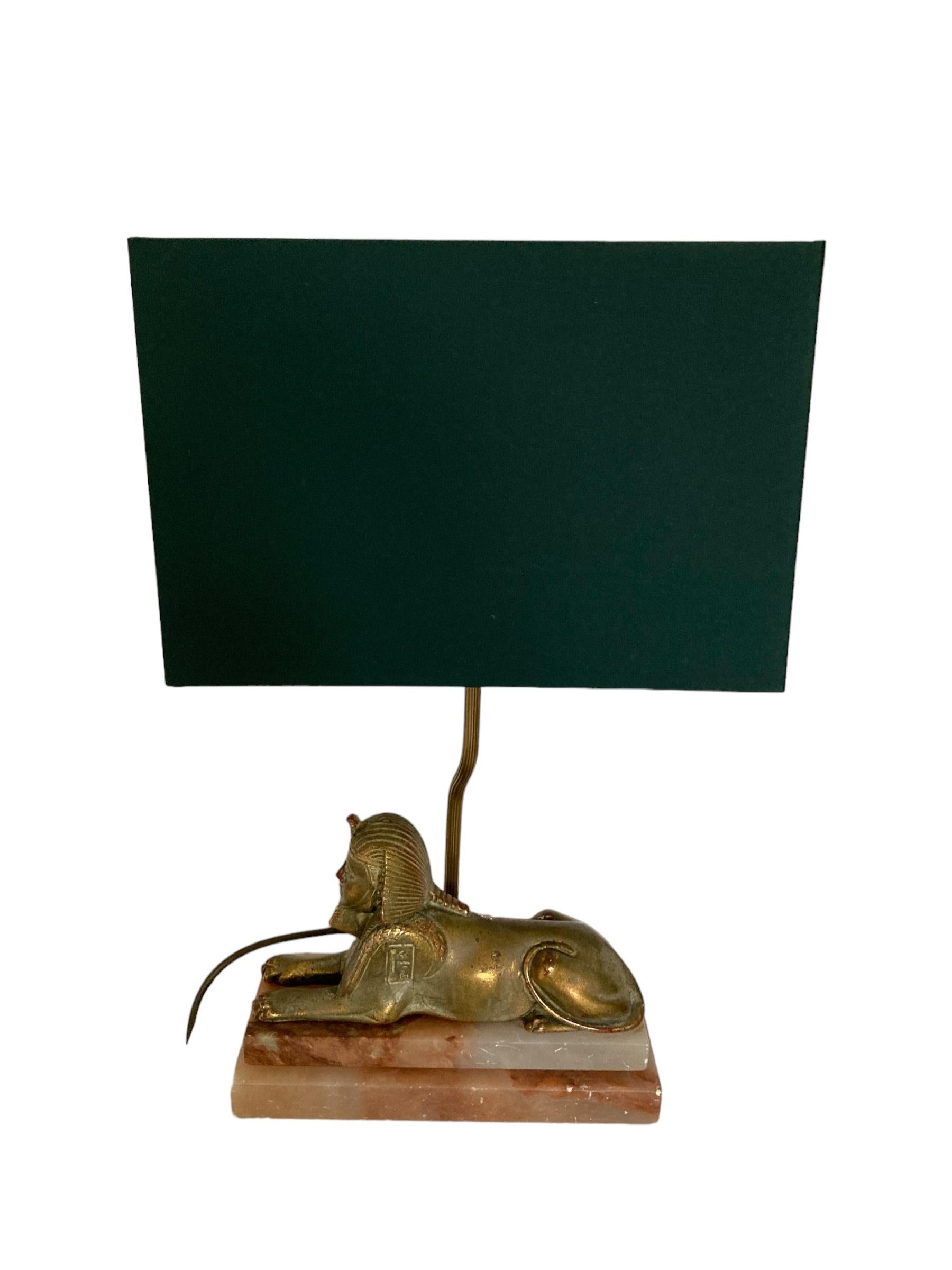 A Pair of Art Deco Egytian Sphinx Table Lamps on a Marble Base Dark Green Shades For Sale 4