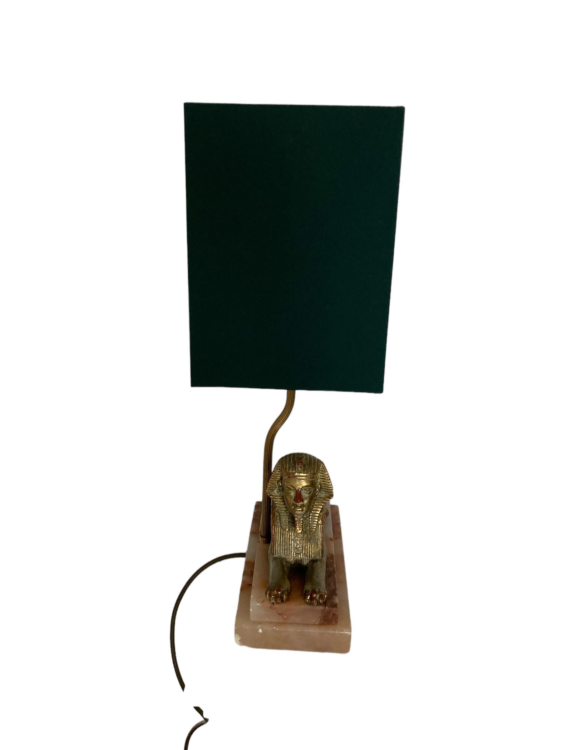 A Pair of Art Deco Egytian Sphinx Table Lamps on a Marble Base Dark Green Shades For Sale 5