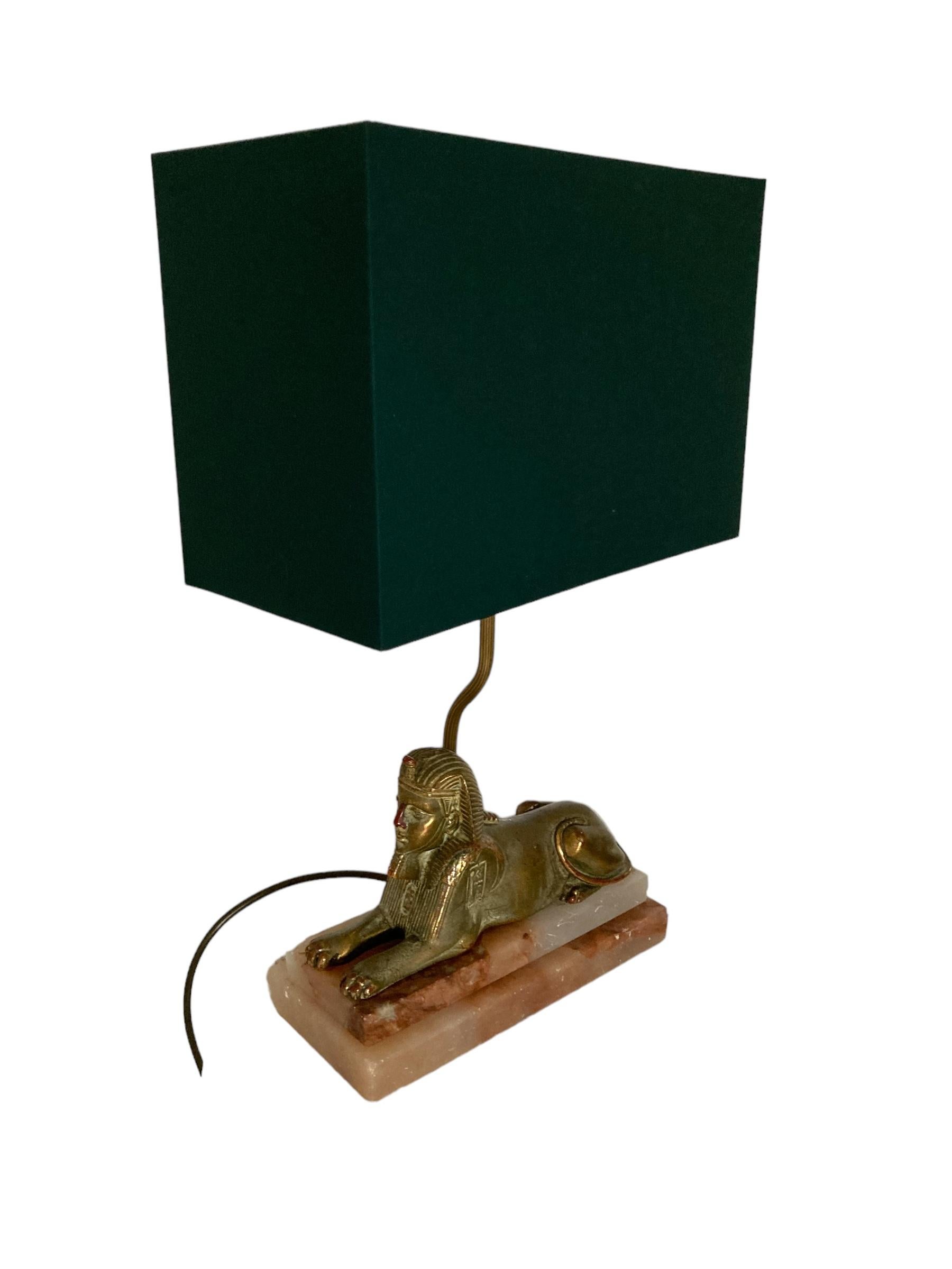 A Pair of Art Deco Egytian Sphinx Table Lamps on a Marble Base Dark Green Shades For Sale 3