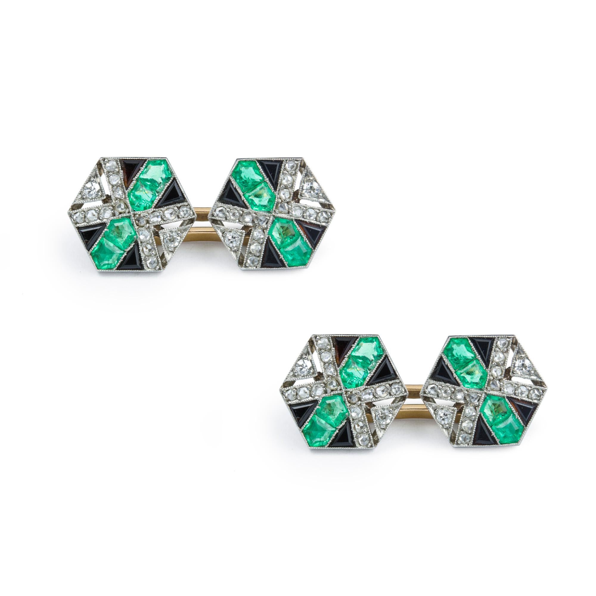 Manschettenknöpfe mit Smaragd, Diamant und Onyx im Art déco-Stil, Paar für Damen oder Herren im Angebot