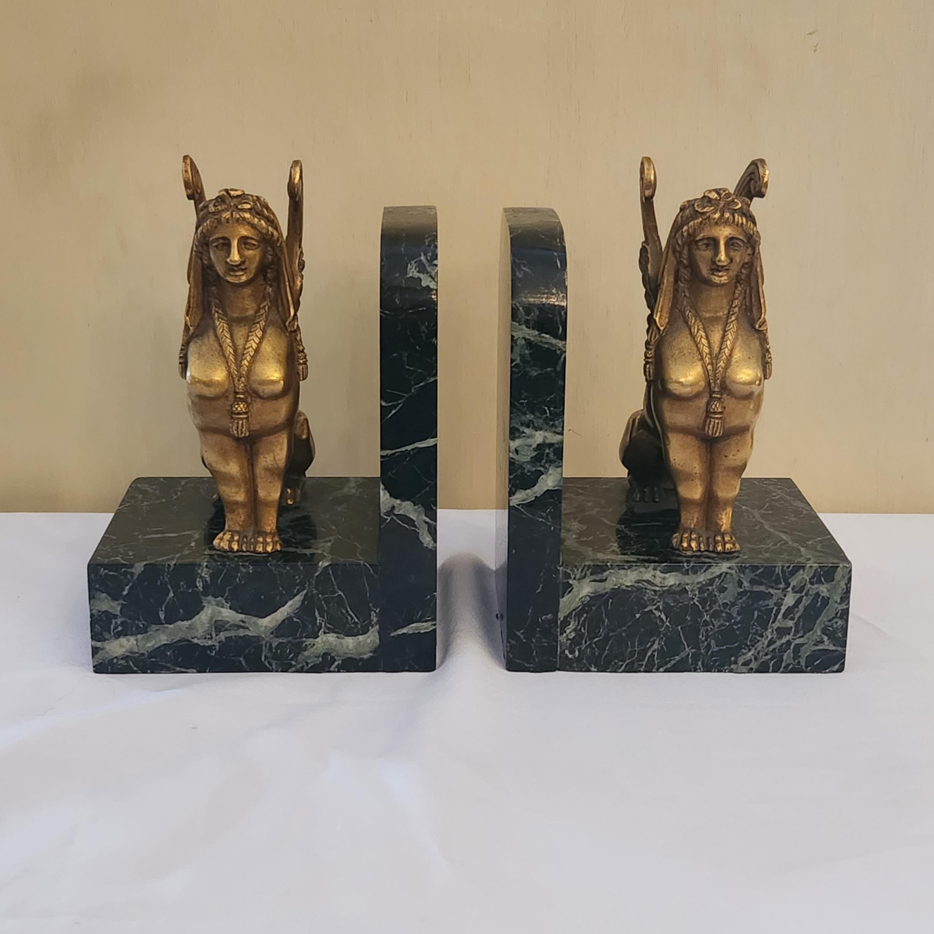 A pair of Art Deco Gilt Bronze and Marble Base Sphinxes Bookends For Sale 2