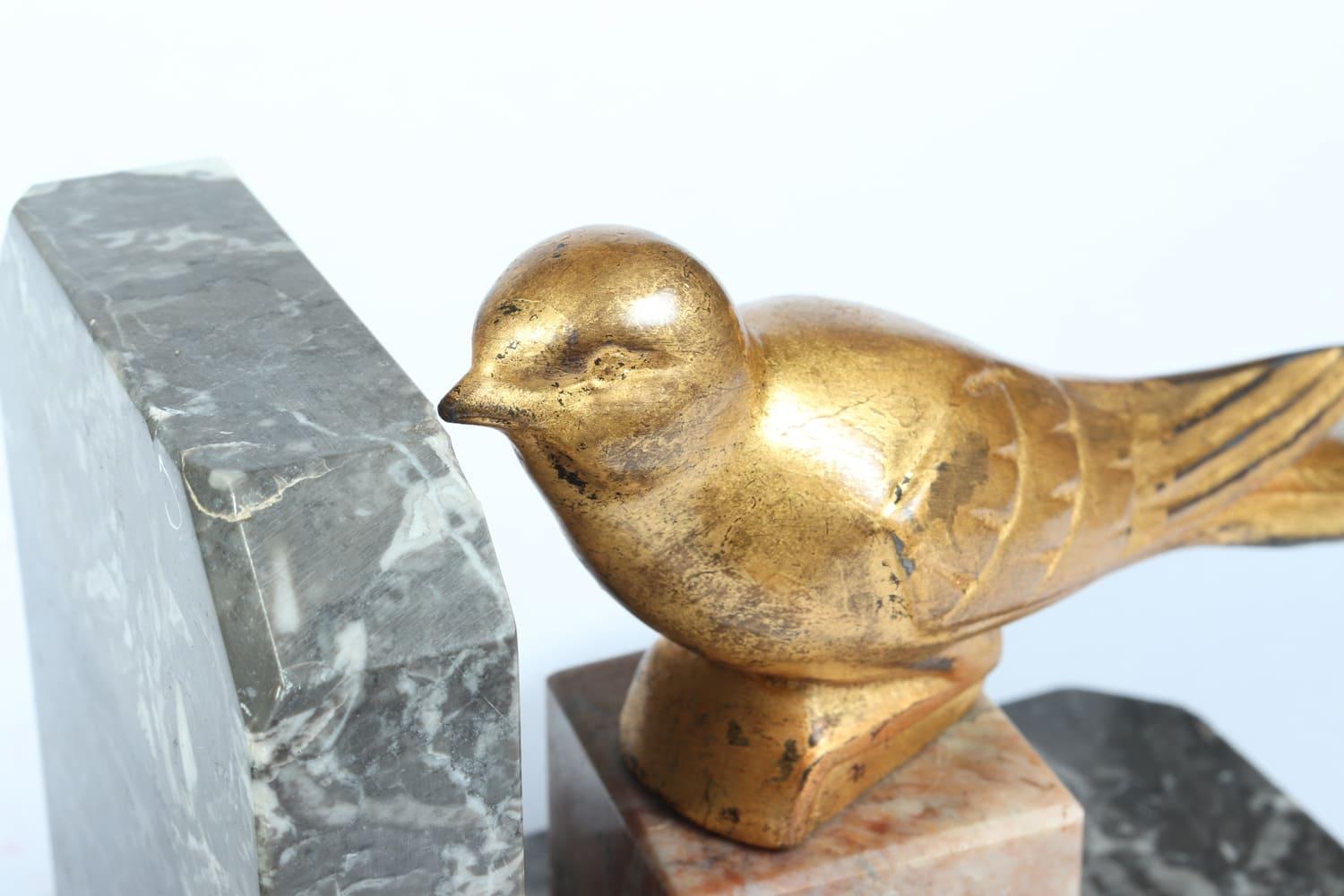 Pair of Art Deco Gilt Metal Birds and Marble Bookends For Sale 5