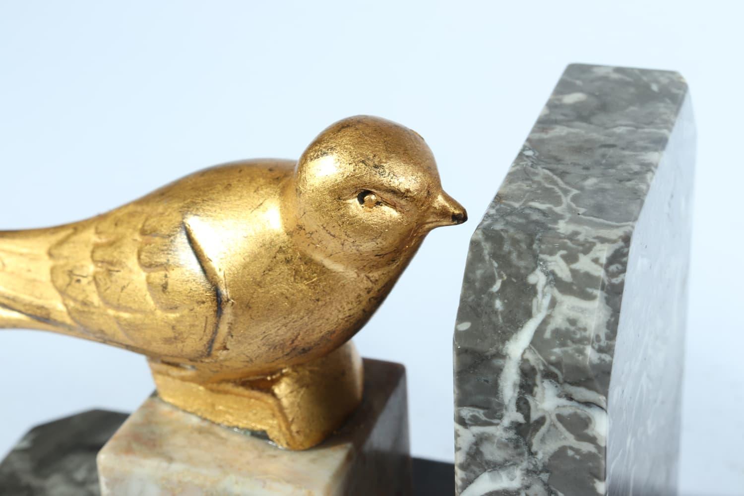 Pair of Art Deco Gilt Metal Birds and Marble Bookends For Sale 6