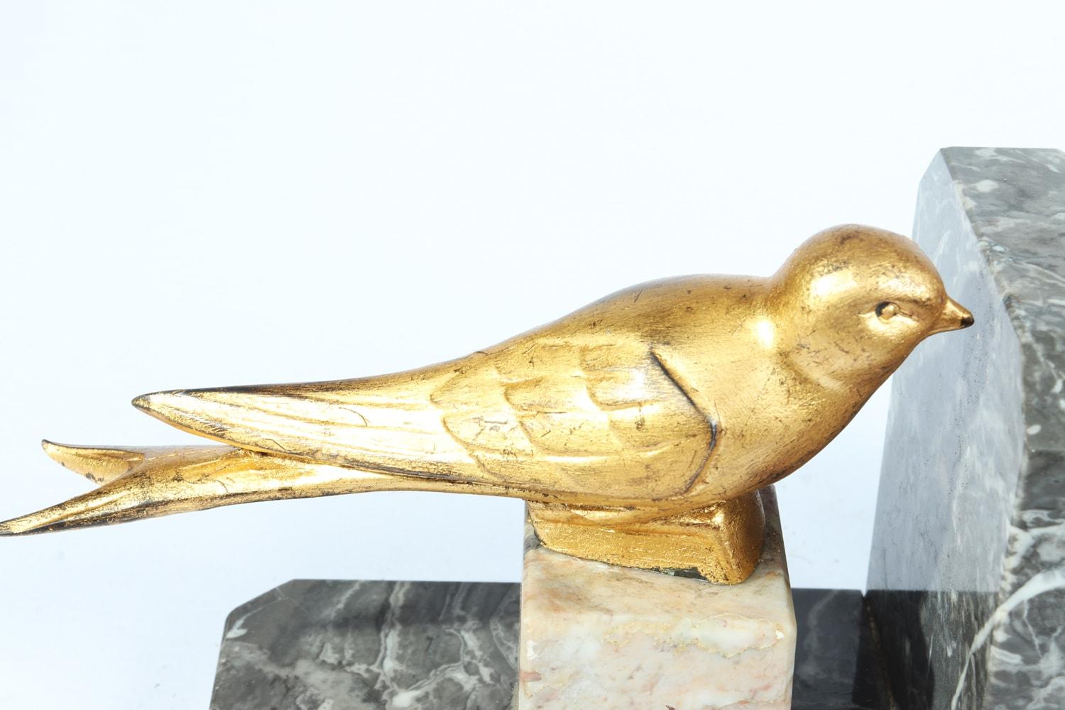 Pair of Art Deco Gilt Metal Birds and Marble Bookends For Sale 8