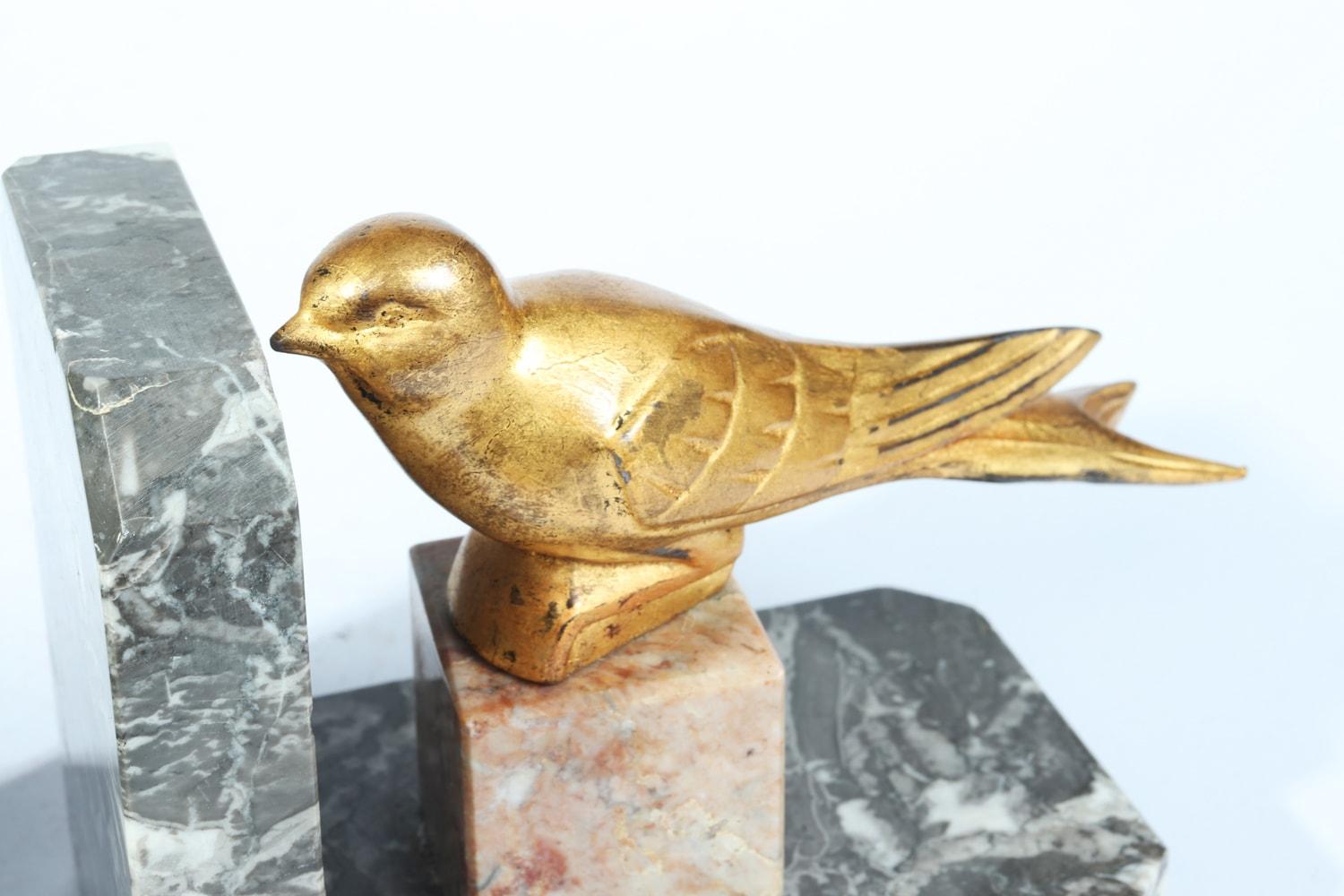 Pair of Art Deco Gilt Metal Birds and Marble Bookends For Sale 9