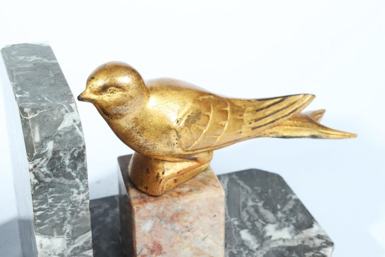 Pair of Art Deco Gilt Metal Birds and Marble Bookends For Sale at 1stDibs