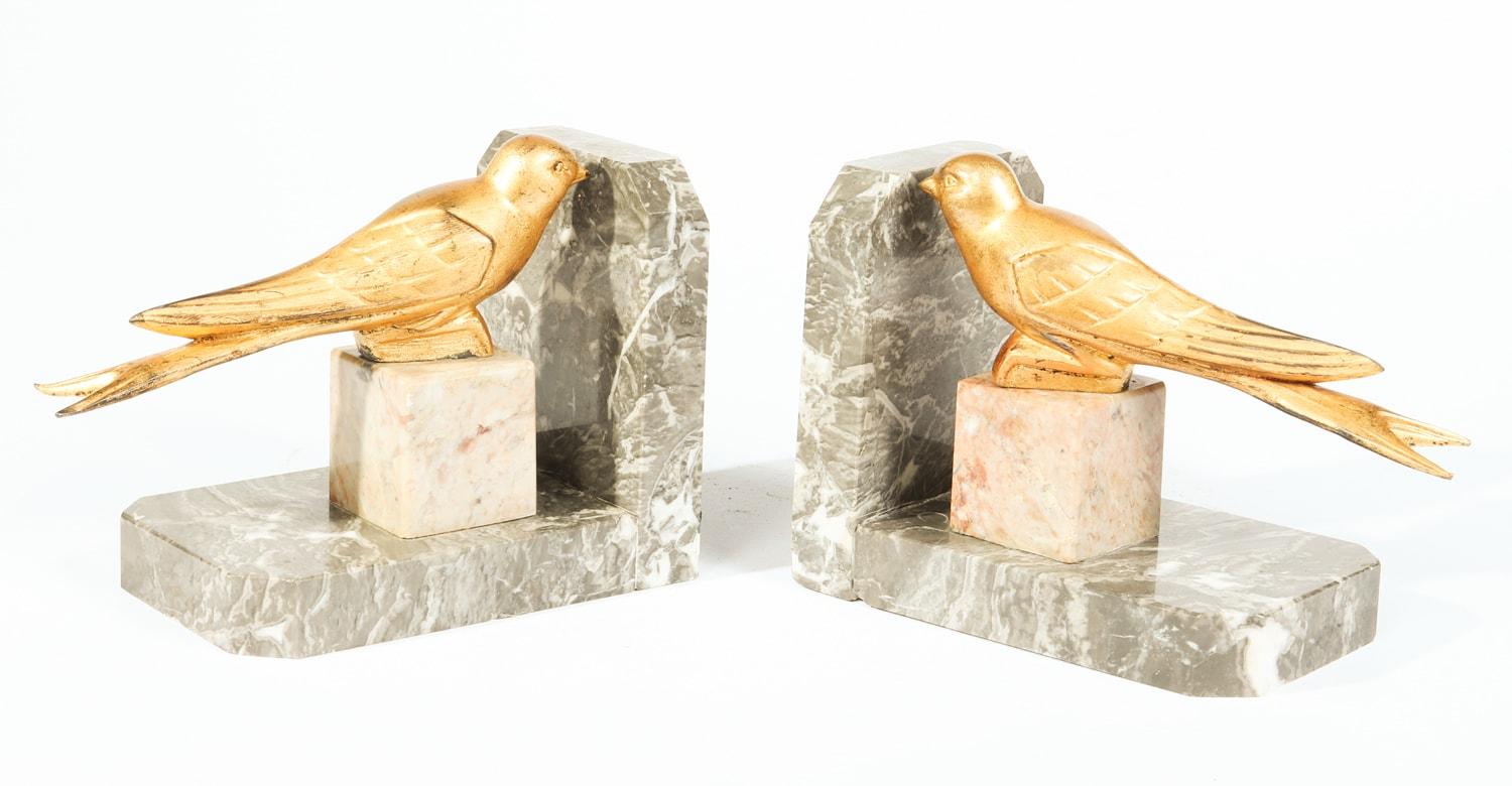 French Pair of Art Deco Gilt Metal Birds and Marble Bookends For Sale