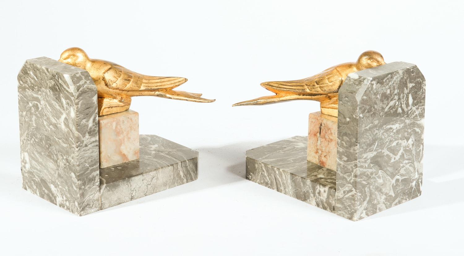 Pair of Art Deco Gilt Metal Birds and Marble Bookends For Sale 2