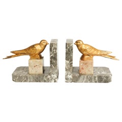 Vintage Pair of Art Deco Gilt Metal Birds and Marble Bookends